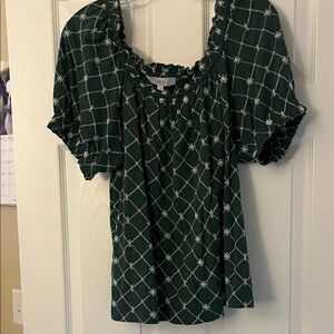 LOFT Dark Green Smocked Square-Neck Puff Sleeve Blouse
